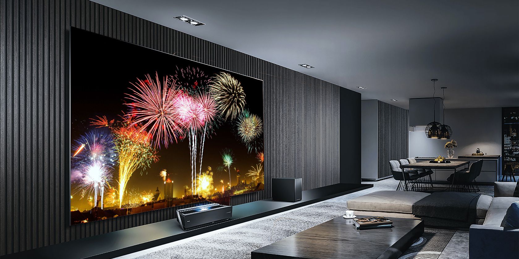 giant living room TV showing a fireworks show
