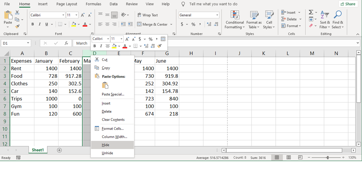 Hide columns in Excel.