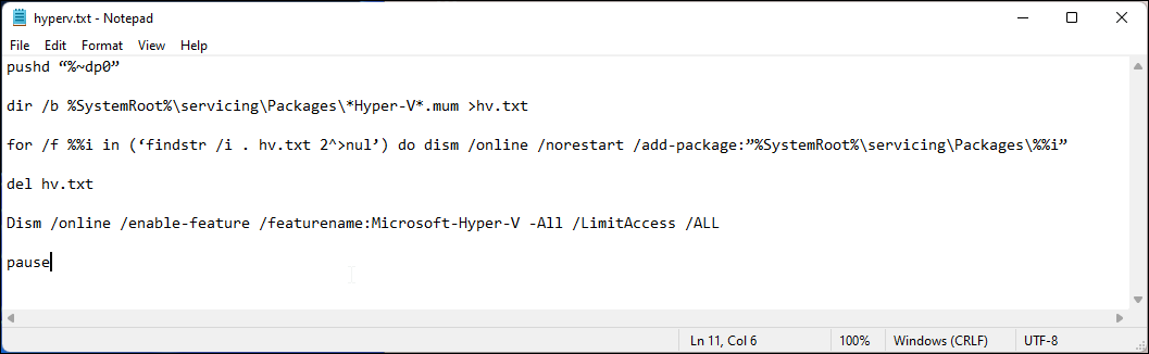 hyper v instalar script inicial do Windows 11