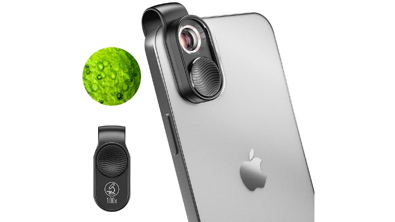 ideashop pocket microscope that attaches to smartphone on gray iphone