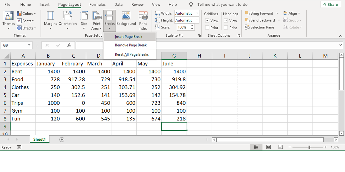 Inserting a page break in Excel.