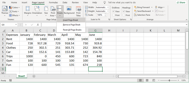 Memasukkan Hentian halaman di Excel.
