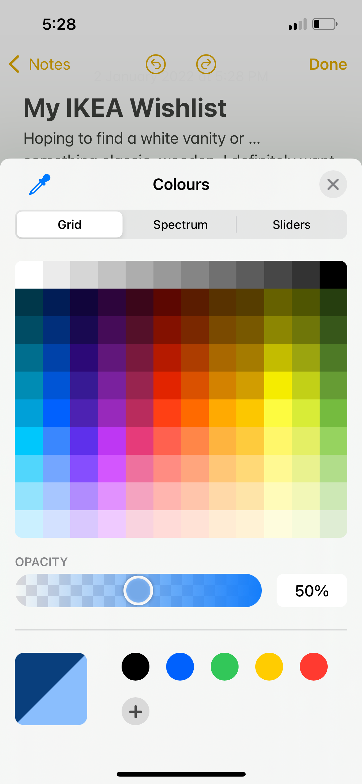 choose drawing tool color on notes app