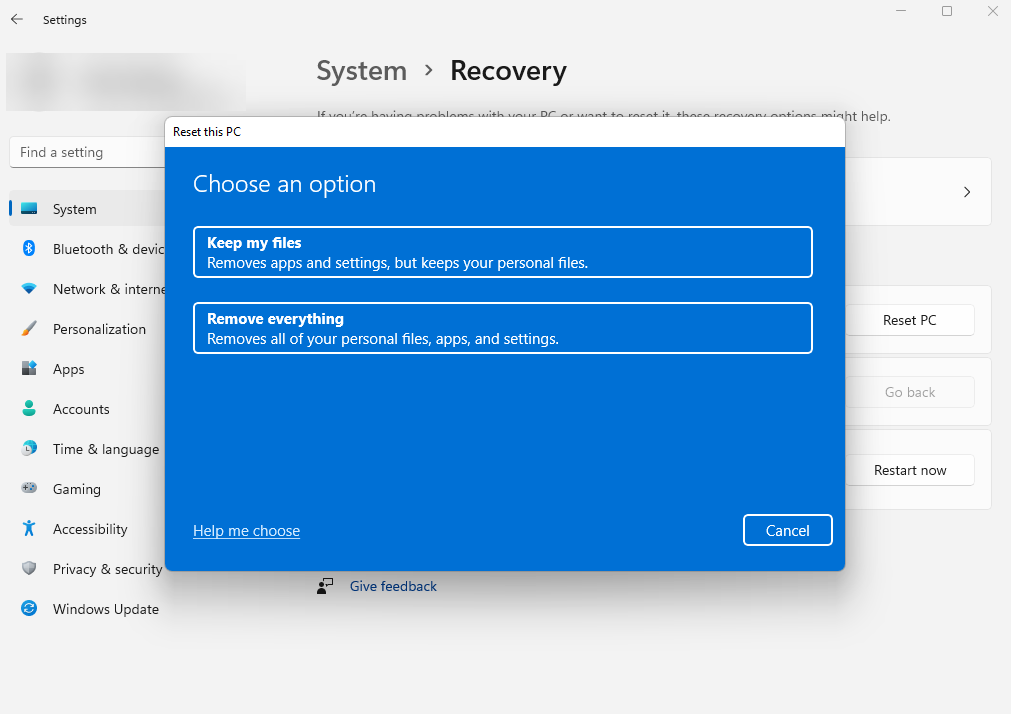 Choose whether you want to keep or remove personal files when resetting Windows