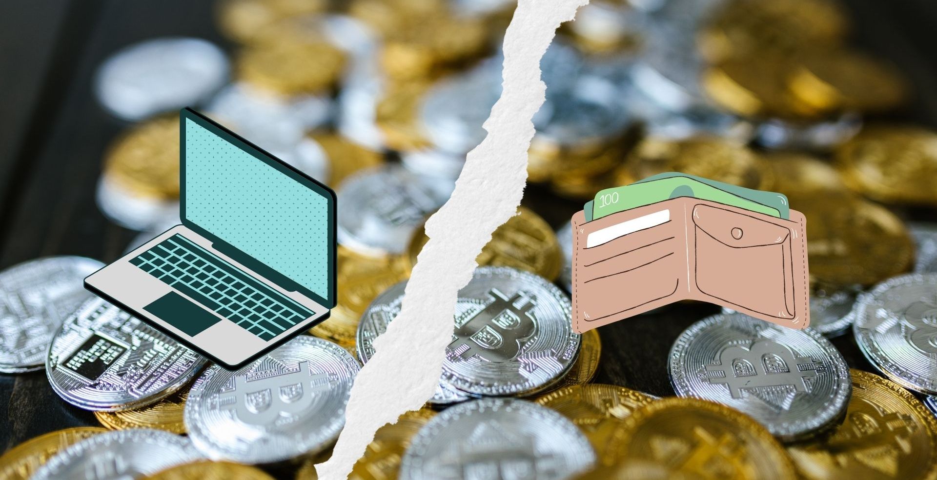 laptop and wallet in front of crypto coins