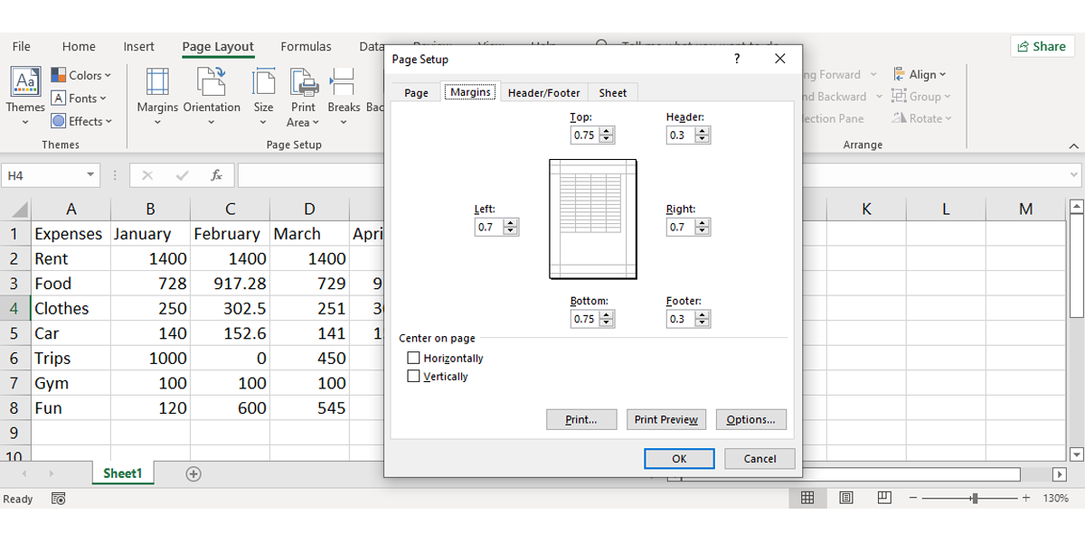 Page Setup menu in Excel.