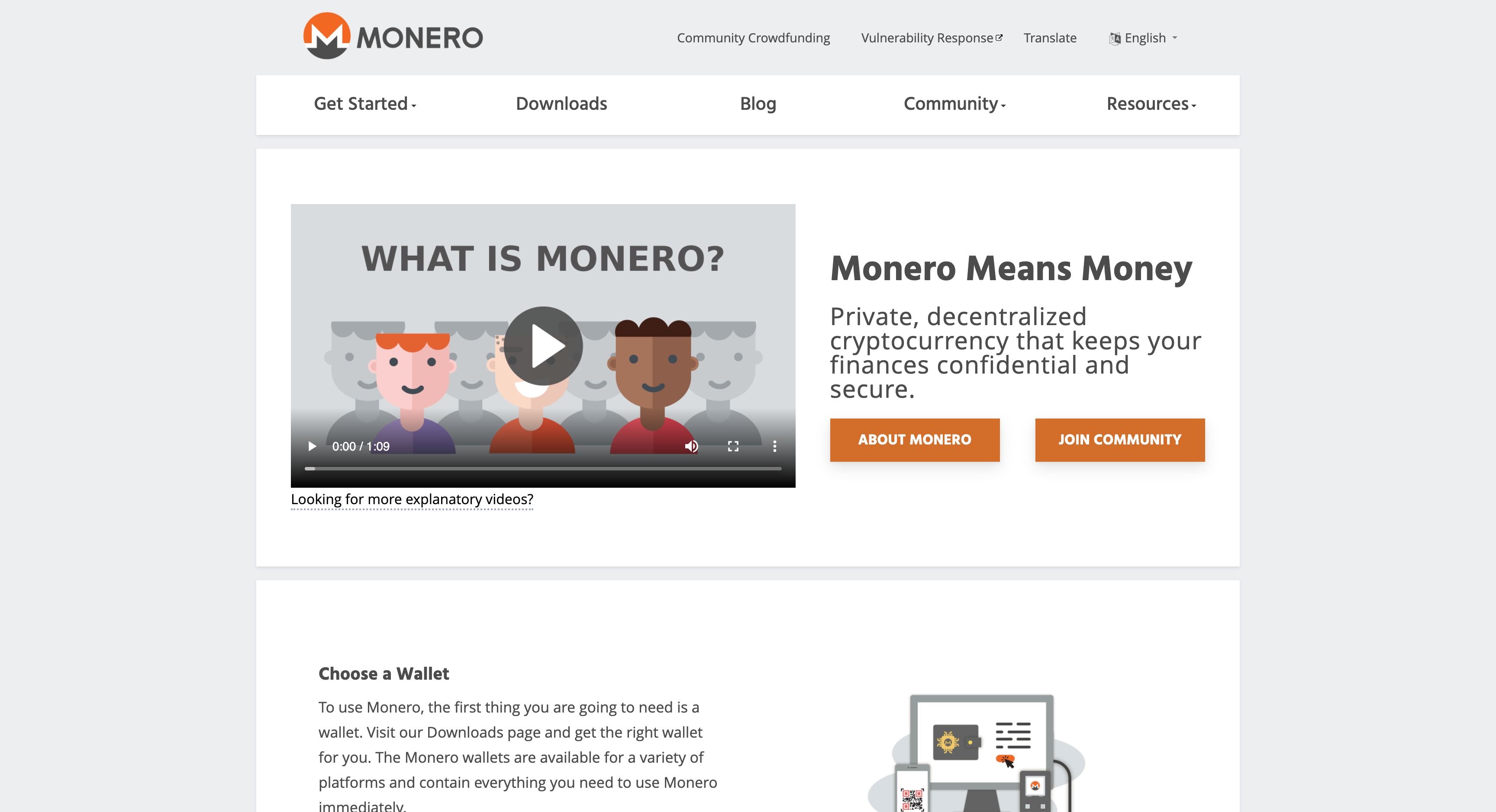 Screenshot of Monero's homepage