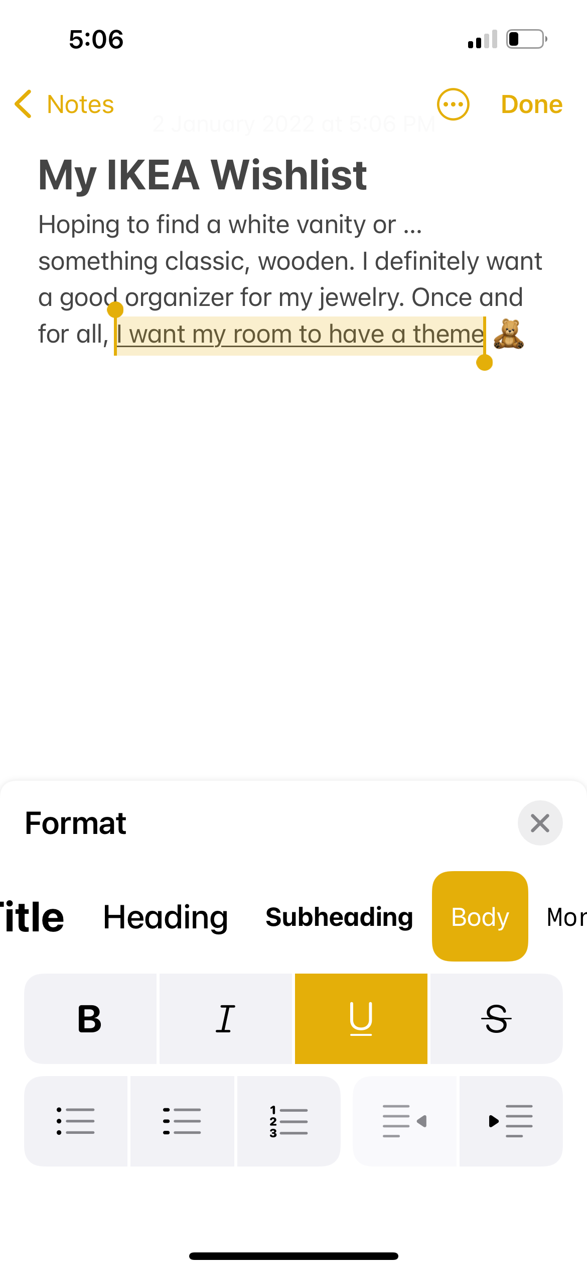 formatting text on iphone notes app