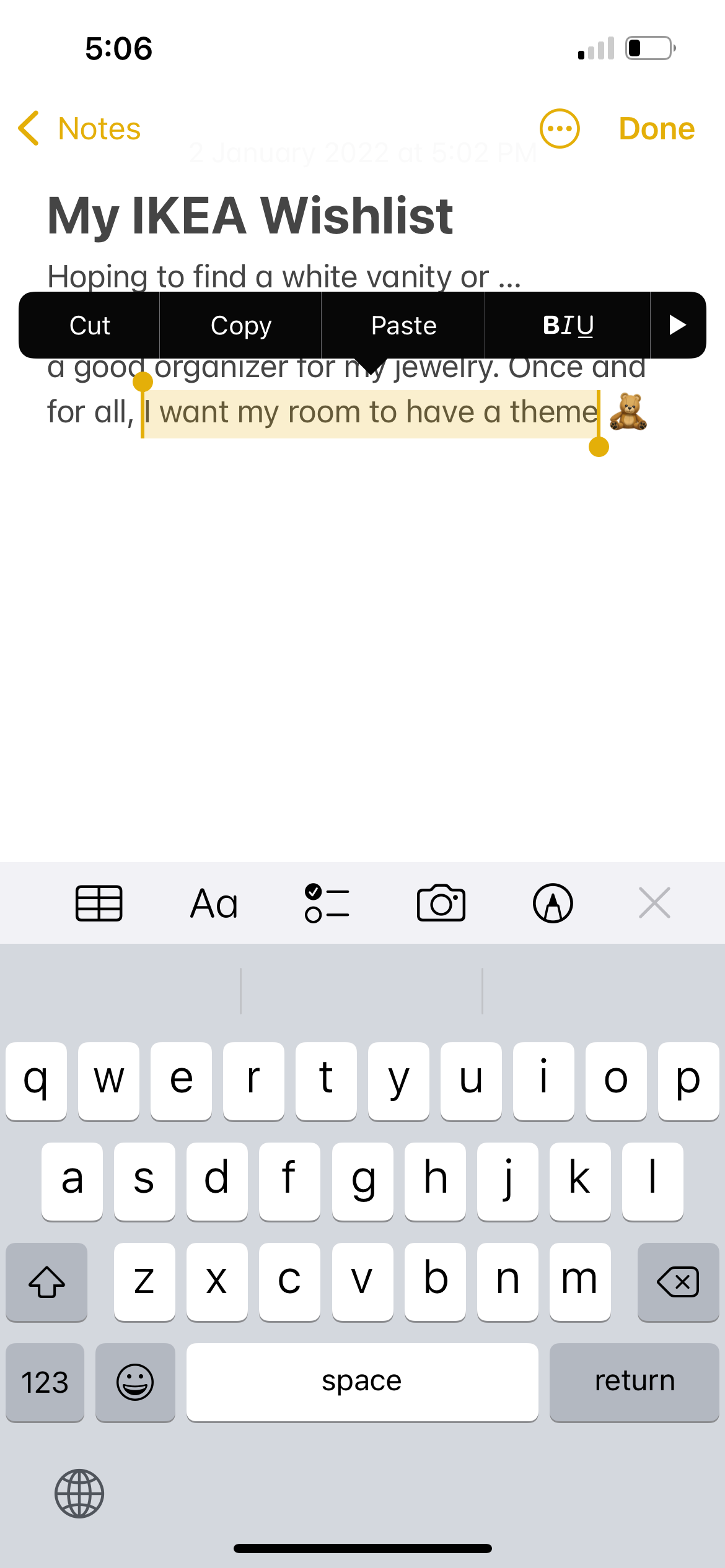 sentence highlighted on iphone notes app