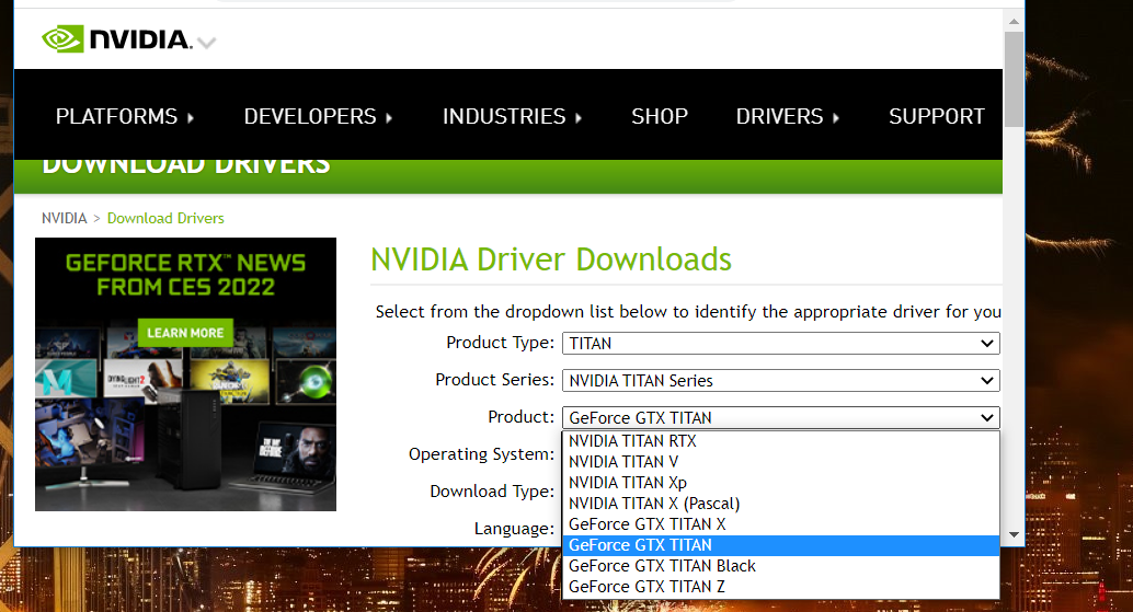 The NVIDIA driver downloads page