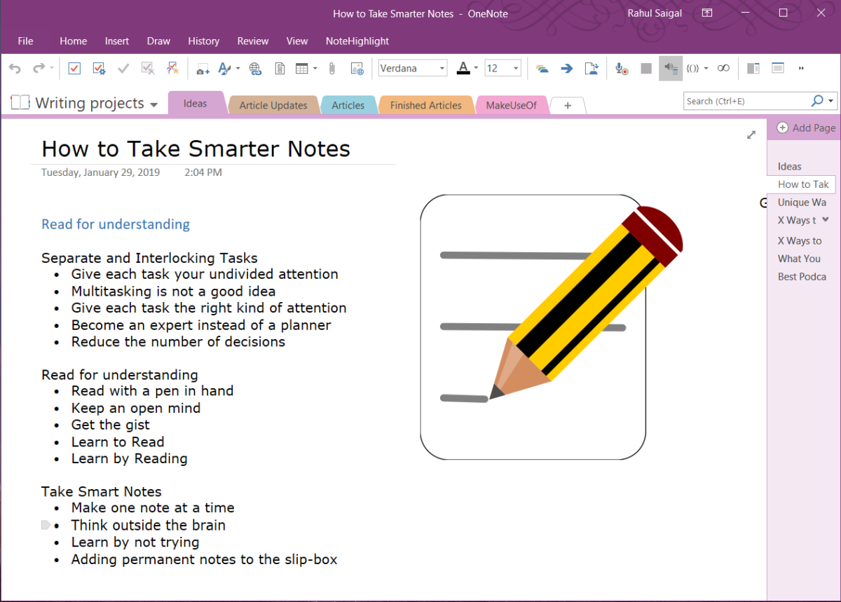 outlining in OneNote2019