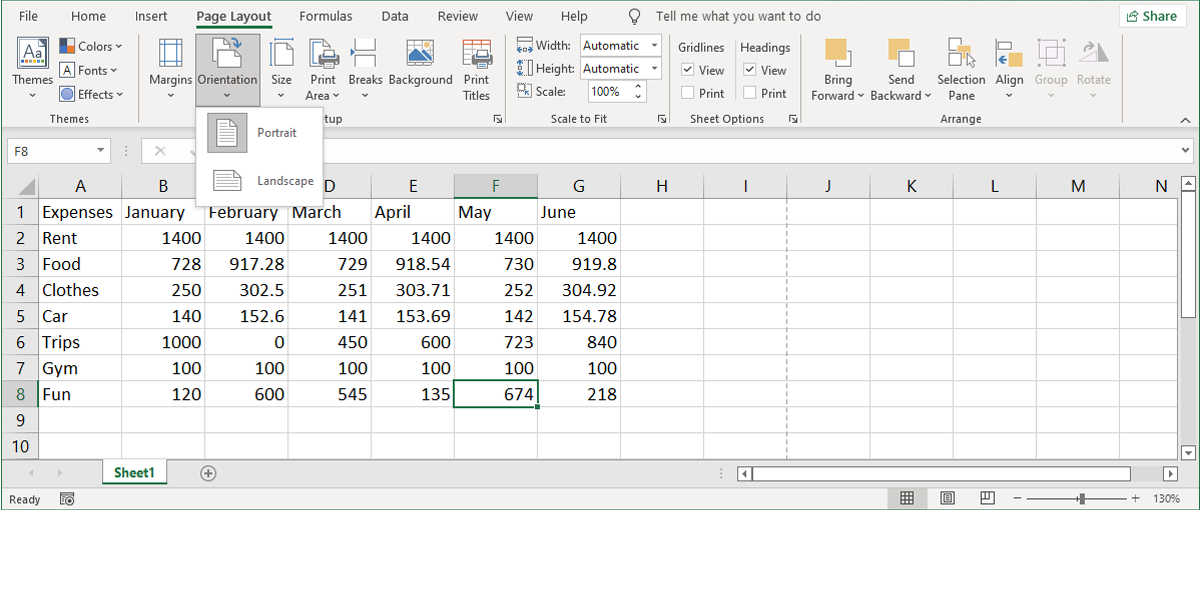 Page orientation settings in Excel.