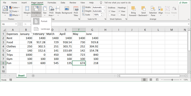 Pengaturan orientasi halaman di Excel.