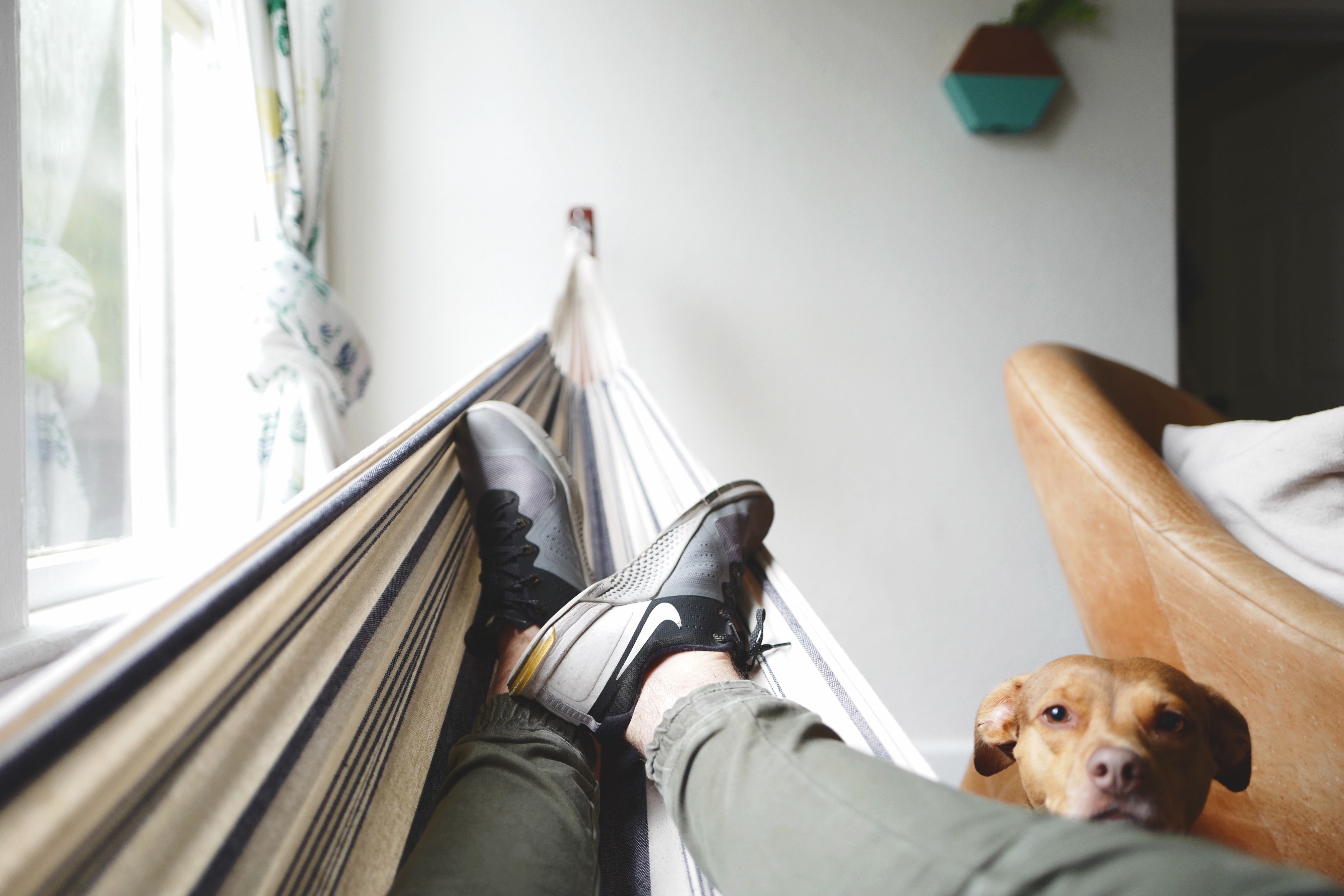 person relaxing in an indoor hammock