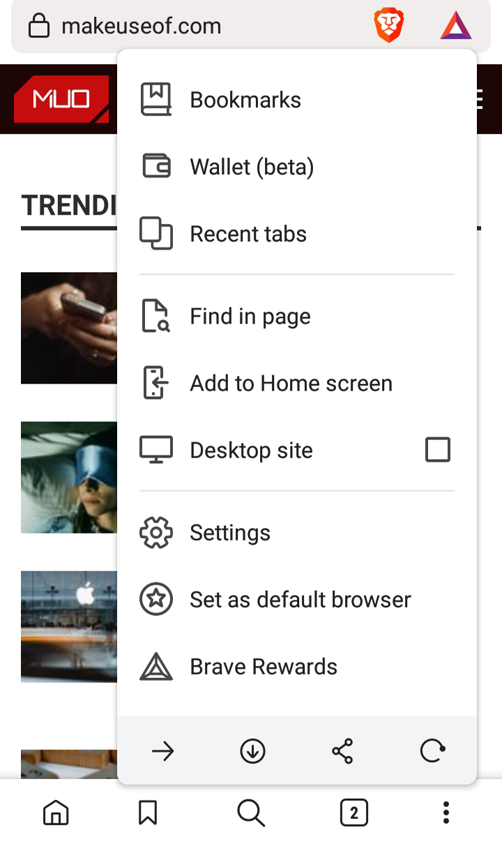 Brave settings menu on mobile.