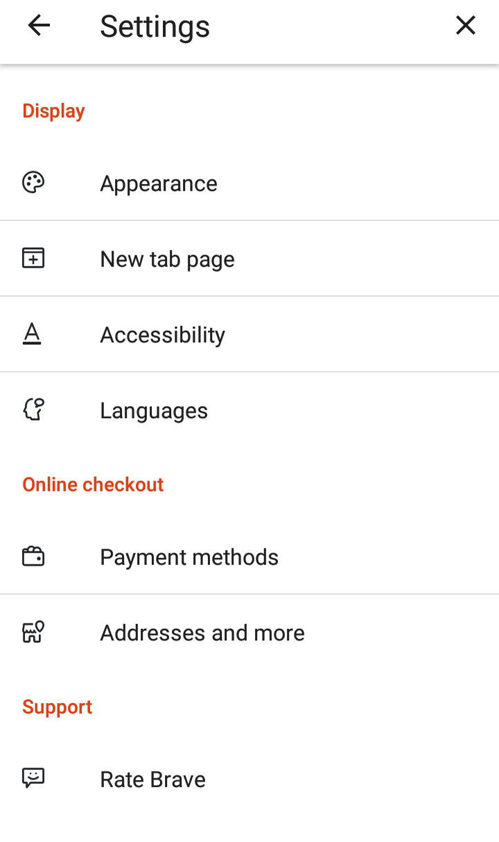Brave new tab page settings on Mobile.