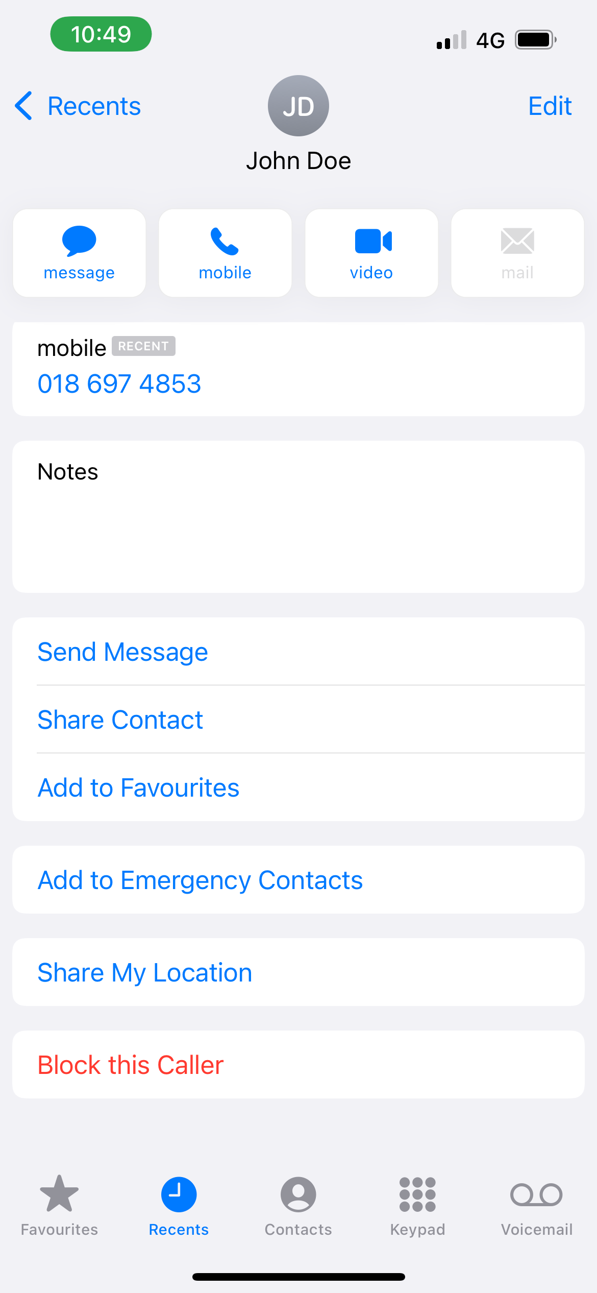 information of contact number on iphone phone app