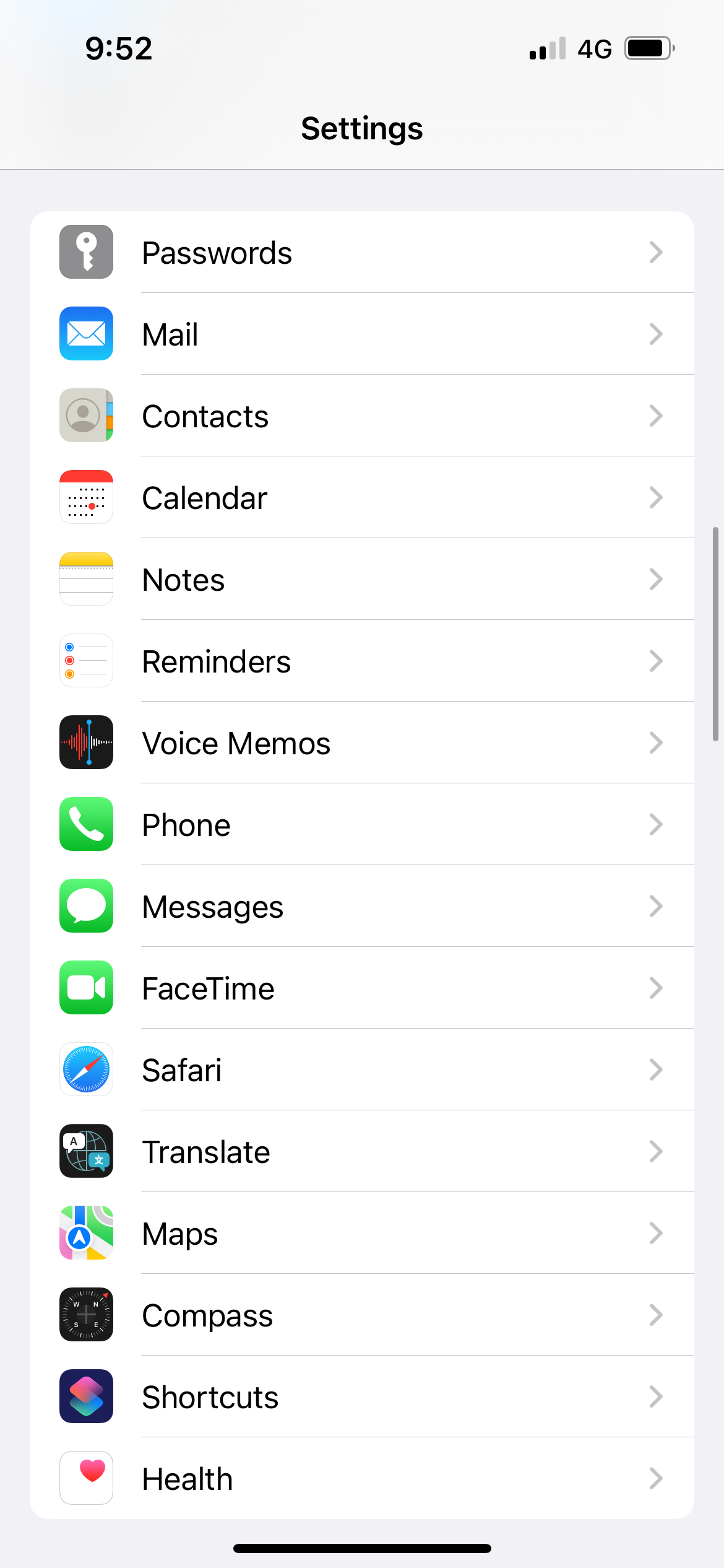 list of default iphone apps in settings