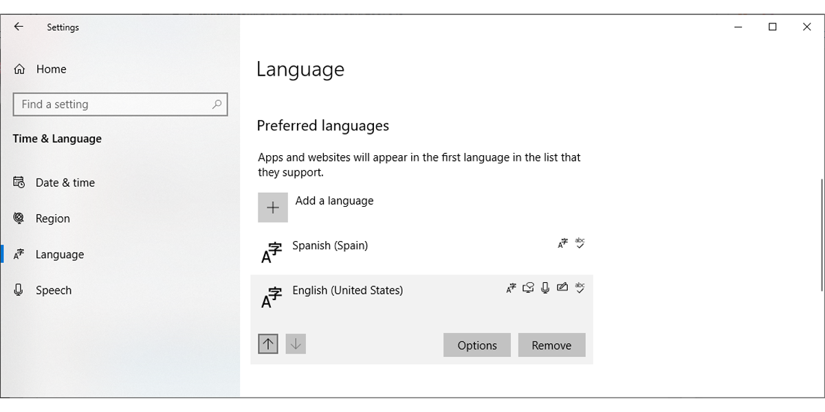 Preferred language settings in Windows 10