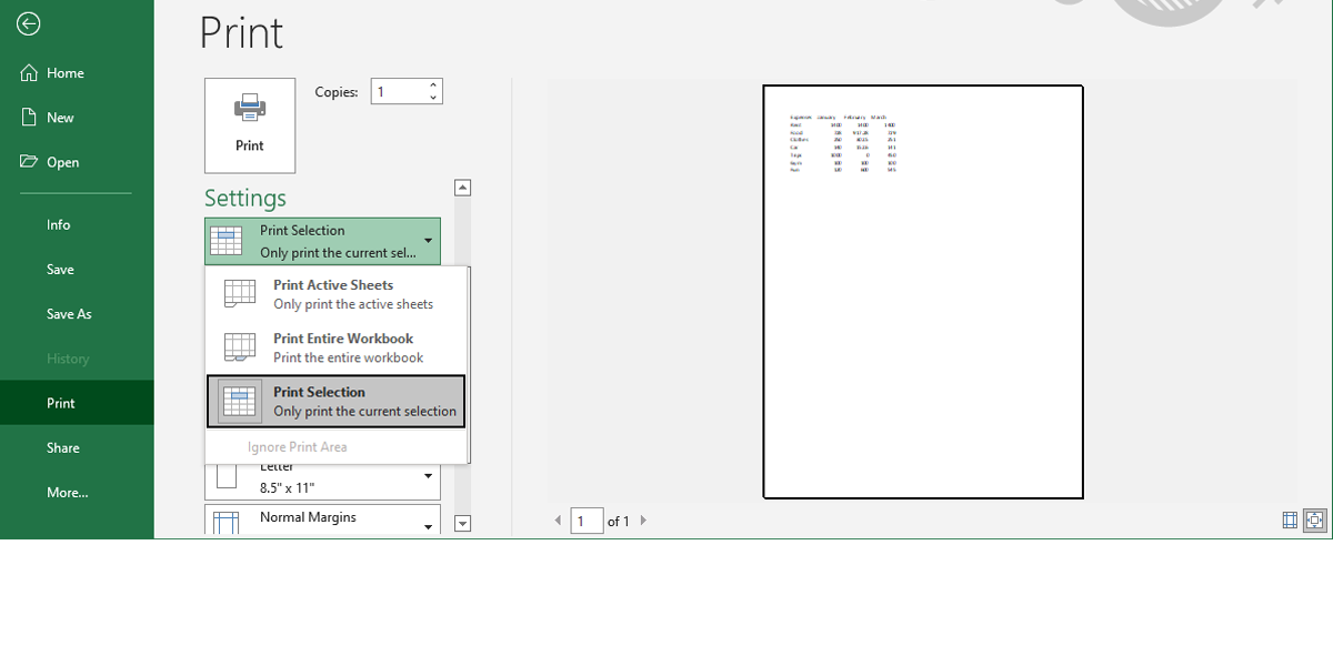 Print settings in Excel.