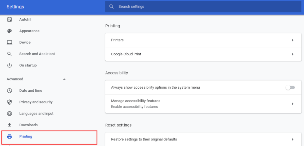 printing menu on Chrome OS