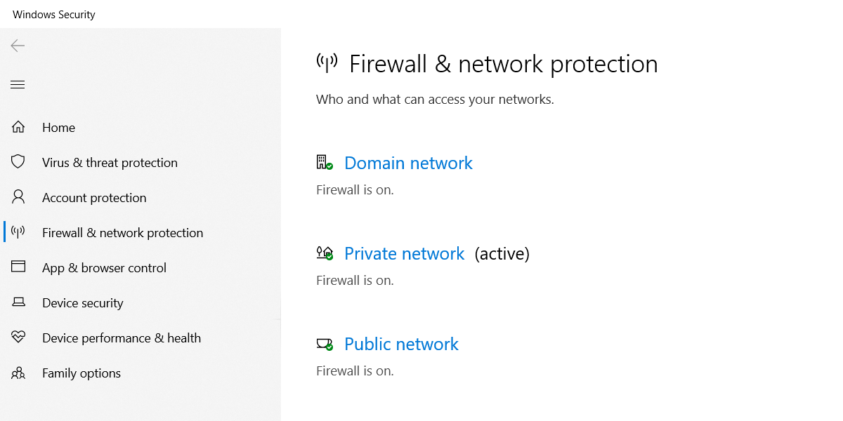 public network firewall set to on windows 10