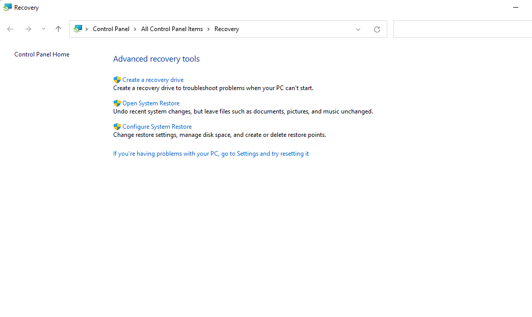 Selecting System Restore from the Recovery window 