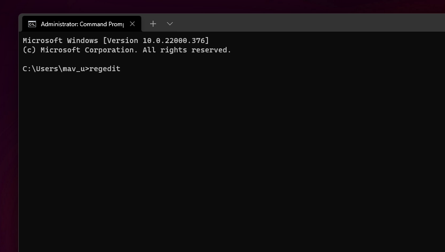 The regedit command entered in the Command Prompt