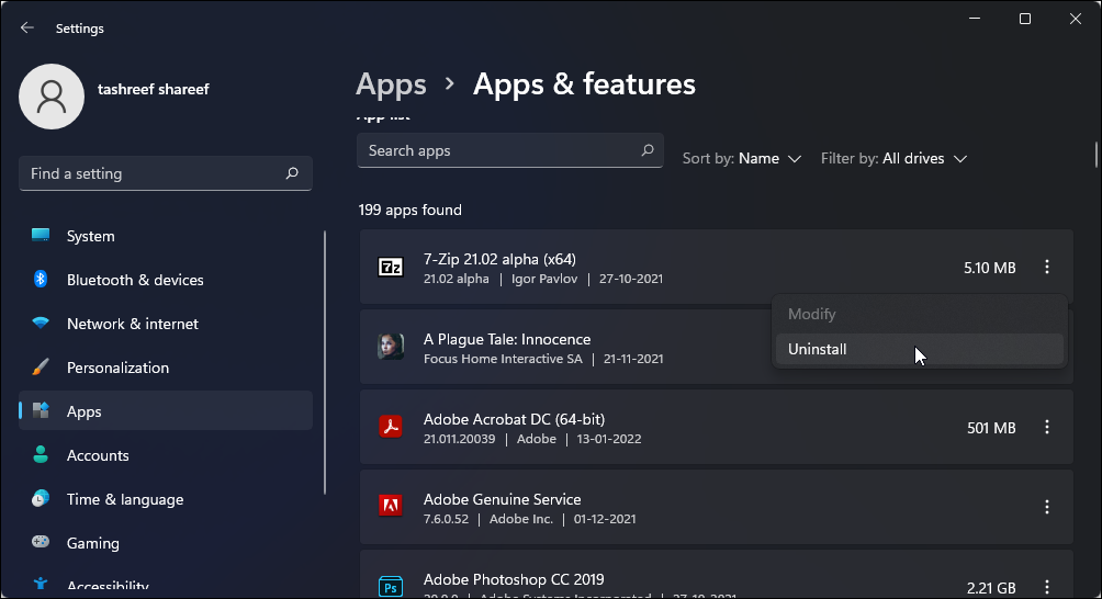 remove apps windows settings