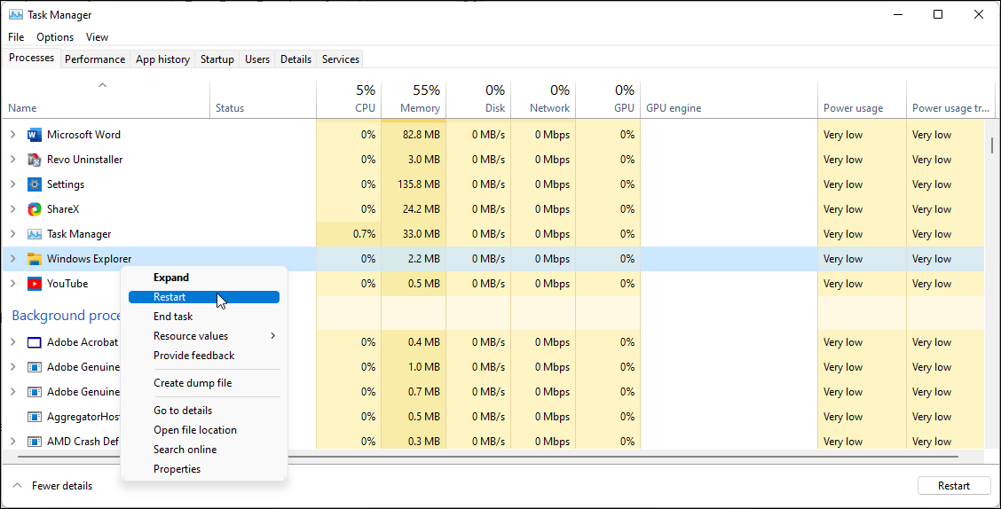 restart windows explorer process