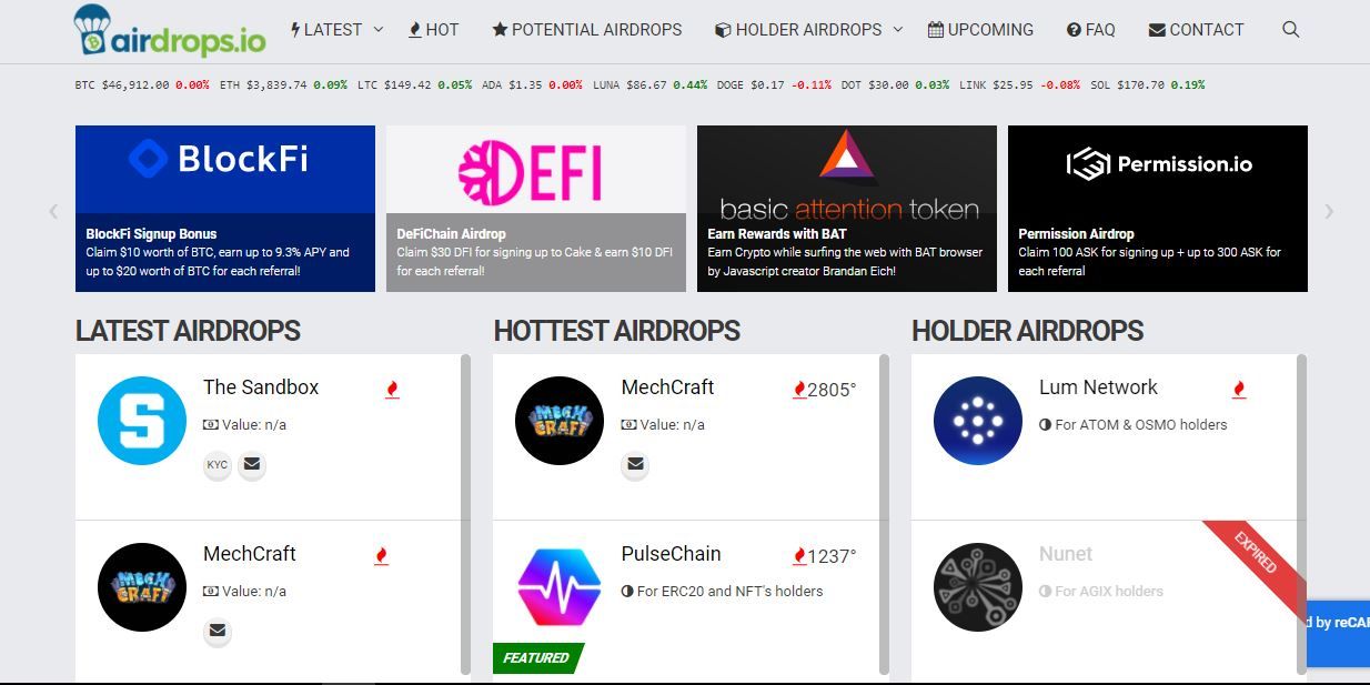 screenshot of airdrops.io homepage