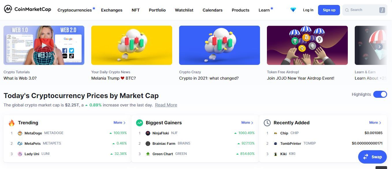 screenshot of coinmarketcap homepage
