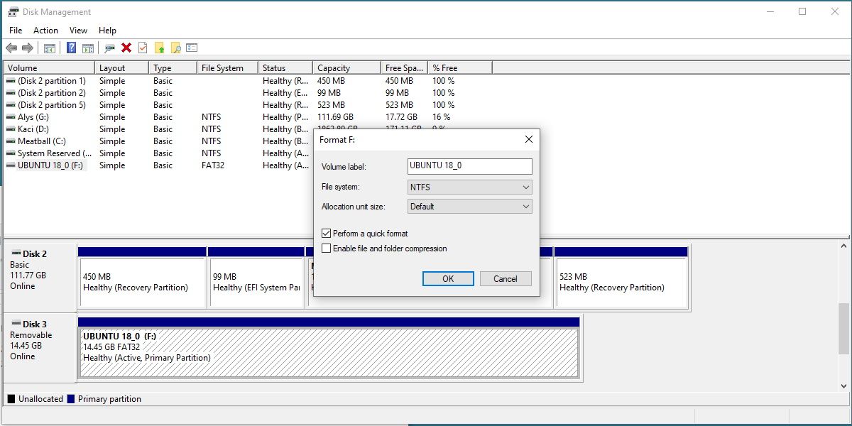 screenshot of the disk management format screen