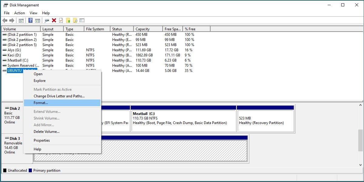 screenshot of the disk management context menu with format highlighted