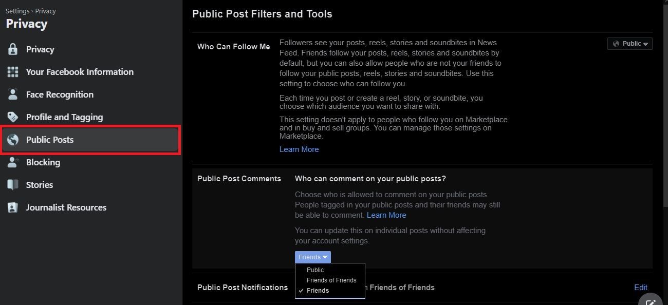 screenshot of facebook post filters and tools page