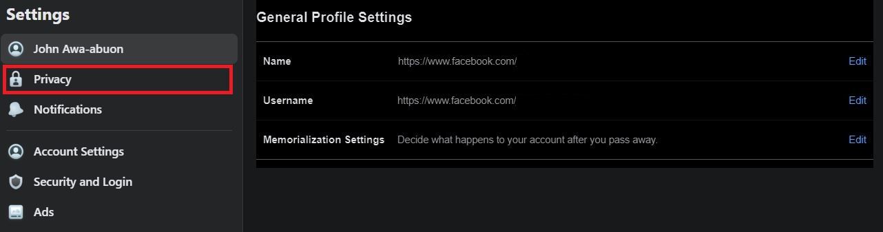 screenshot of general profile settings page