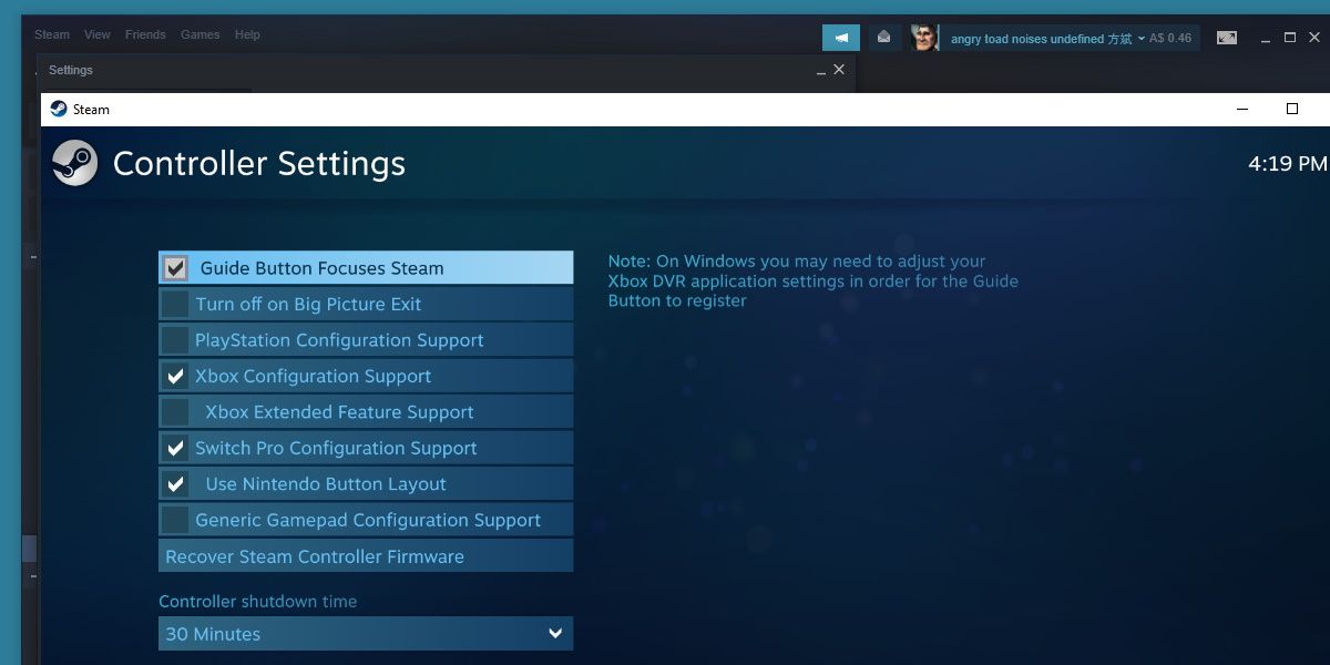 screenshot of global controller settings on steam