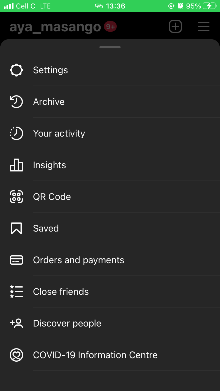 captura de tela do menu de configurações do perfil do instagram