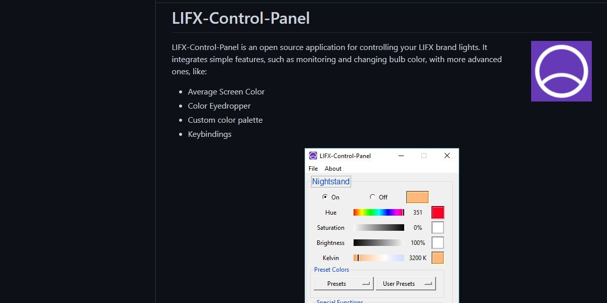 screenshot of the lifx github page
