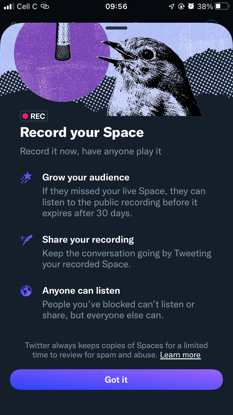 screenshot of spaces record your space page