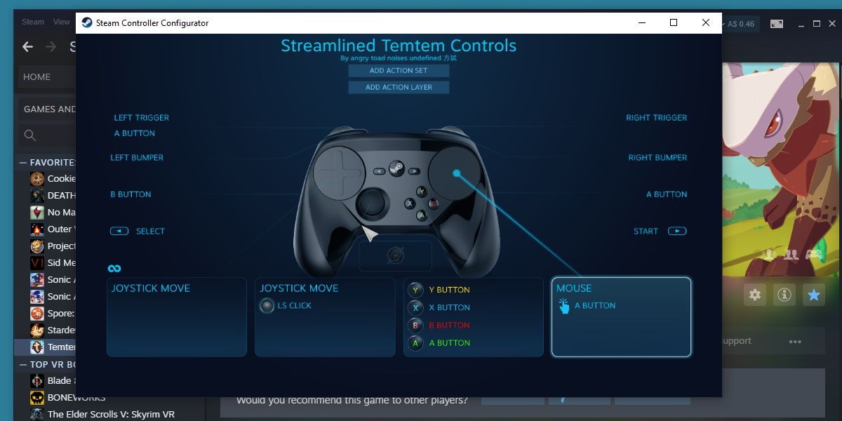 screenshot of a steam controller configurator window