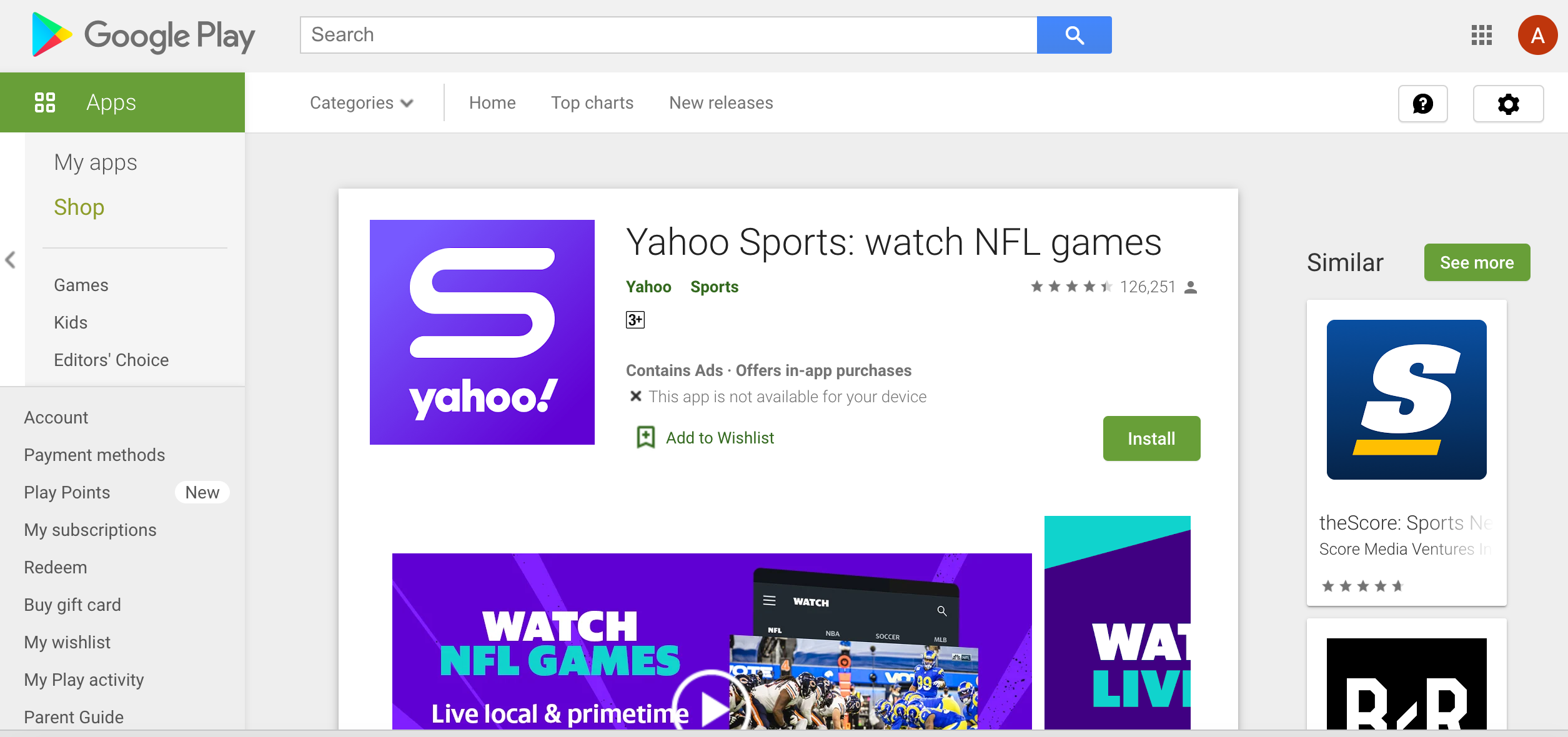screenshot of yahoo sports app on Google Play