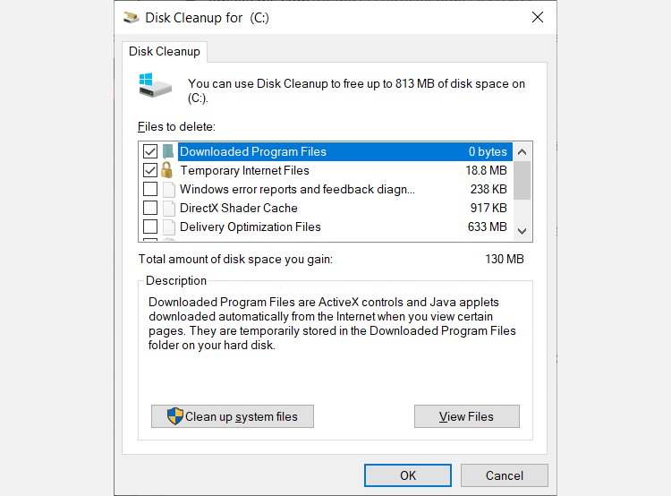 Selecting files to delete with disk cleanup windows 10