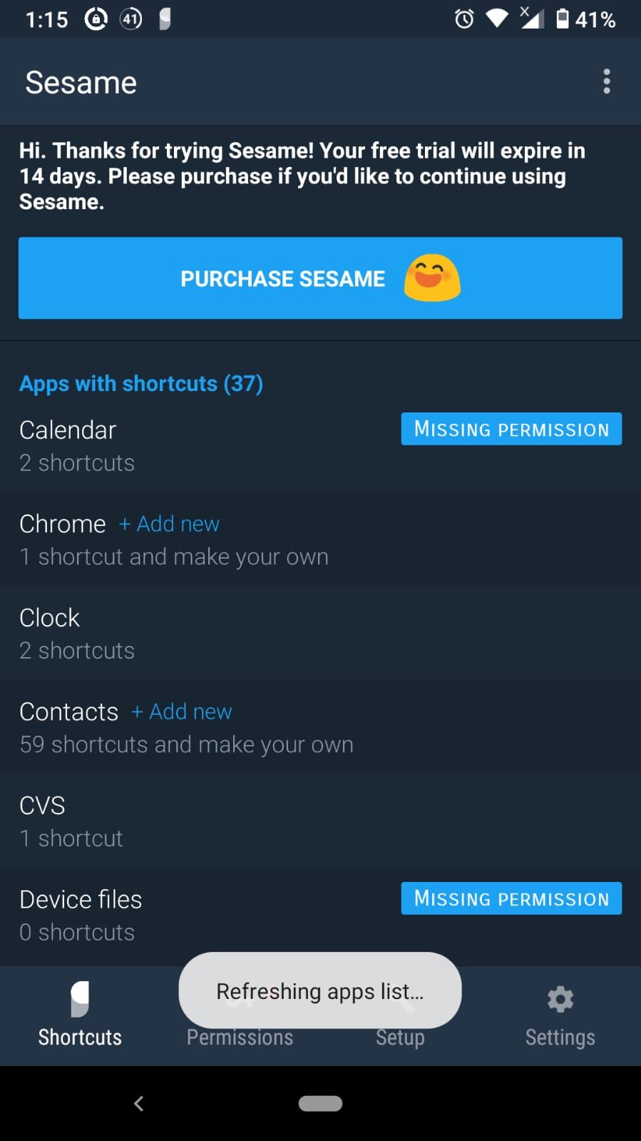 sesame app app settings screenshot
