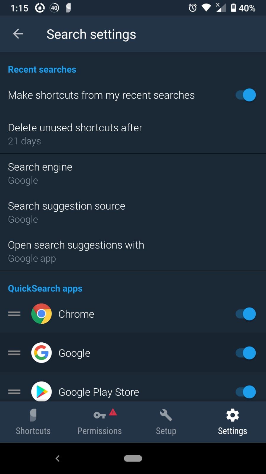 sesame app search settings screenshot