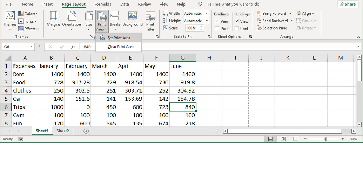 Settings a print area in Excel.