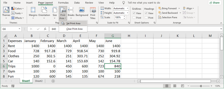 Mengatur area cetak di Excel.
