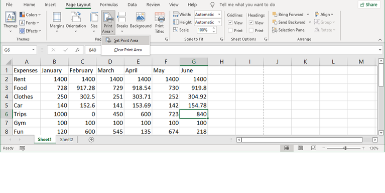 Mengatur area cetak di Excel.