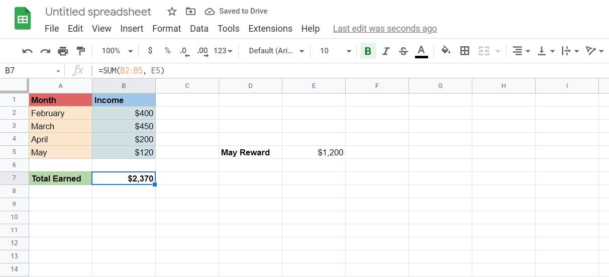 SUM function in Google Sheets.