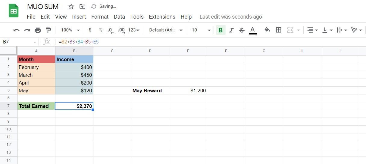 Summing multiple cells in Sheets.